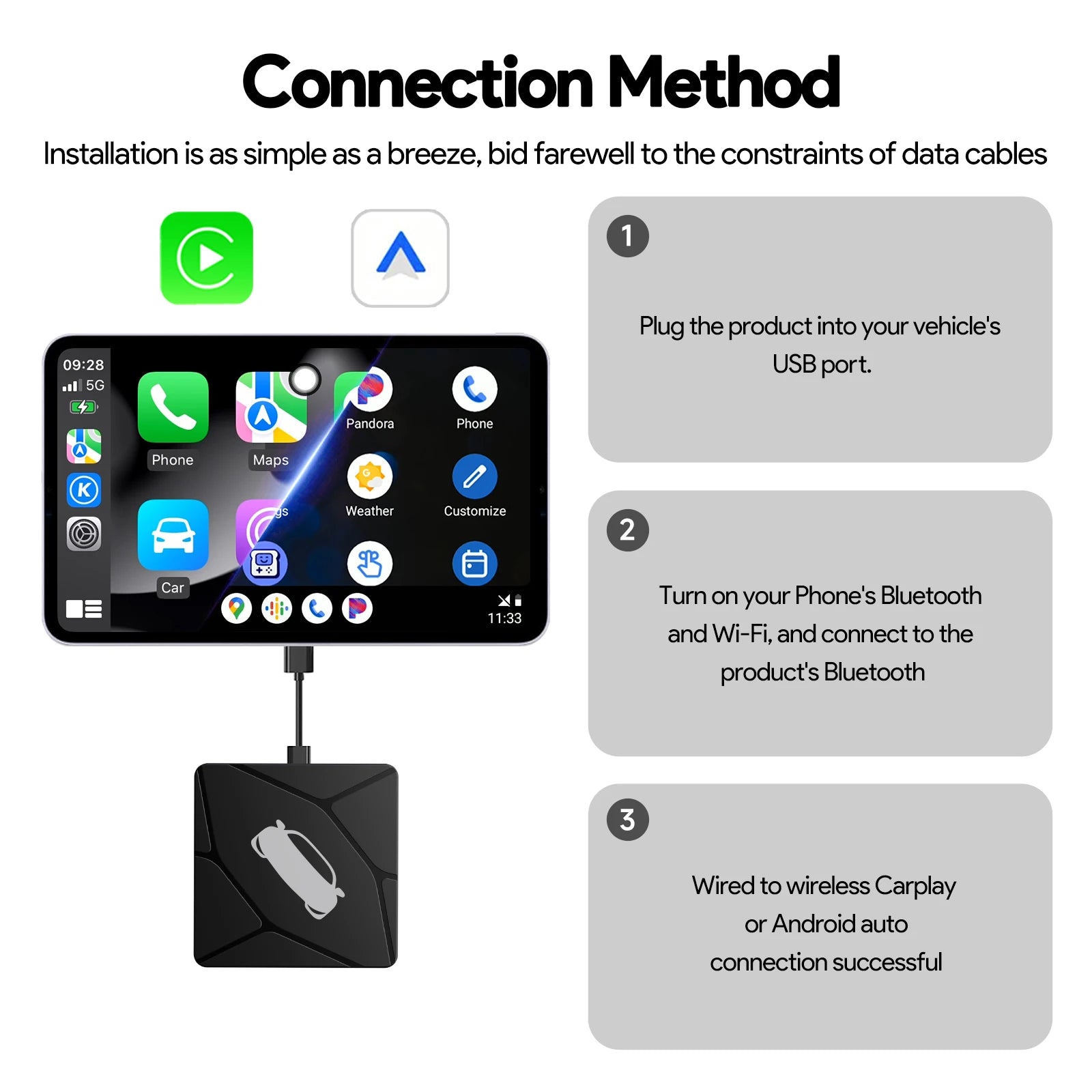 Binize Wireless CarPlay Adapter Wired To Wireless 2 in 1 Box Wireless Android Auto For Mazda Toyota Peugeot Volvo