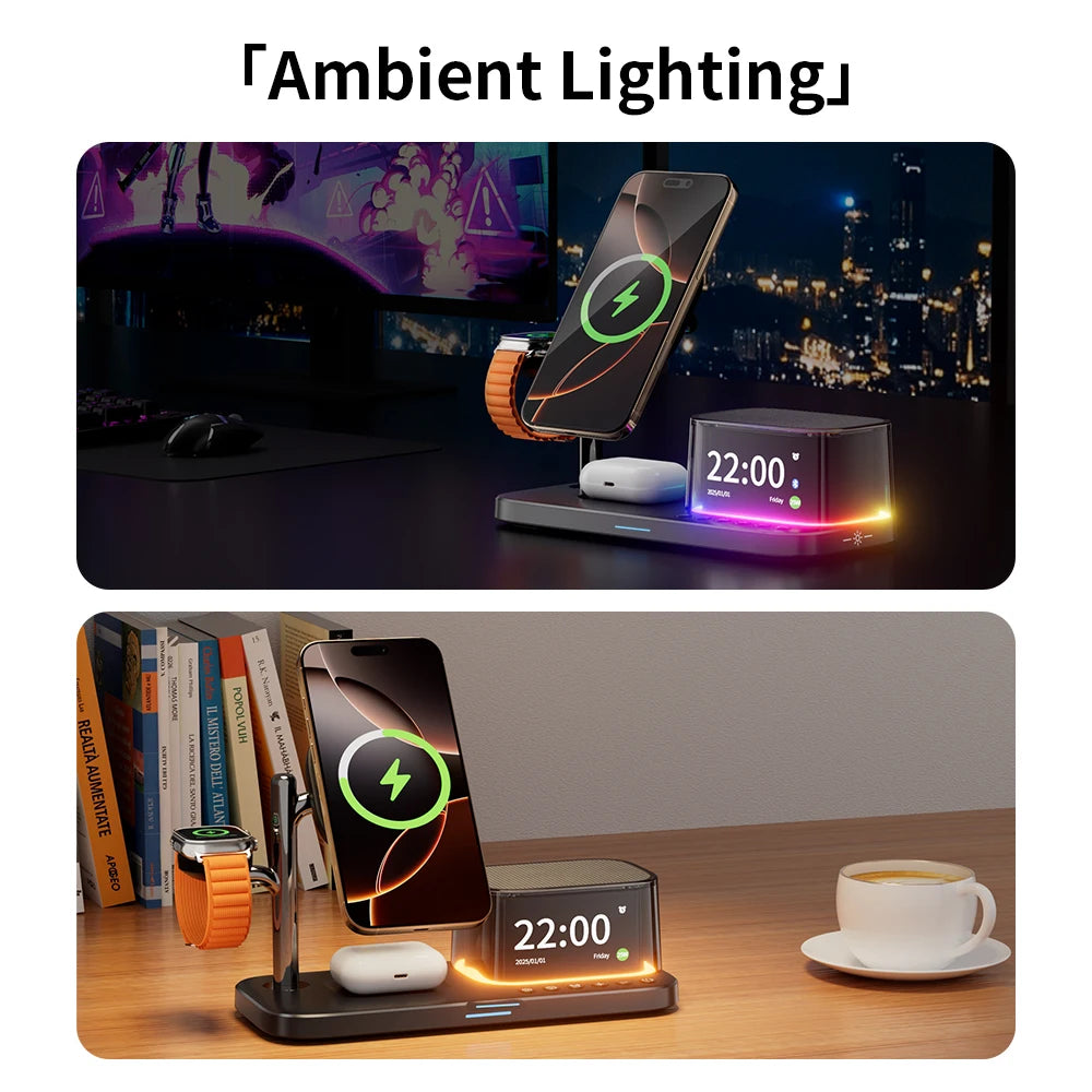 Qi2 25W Wireless Charger 2025 Multifunction Light Rgb Desk Alarm Clock Bluetooth Speaker 5 in 1 Fast Charging for Iphone 17 16