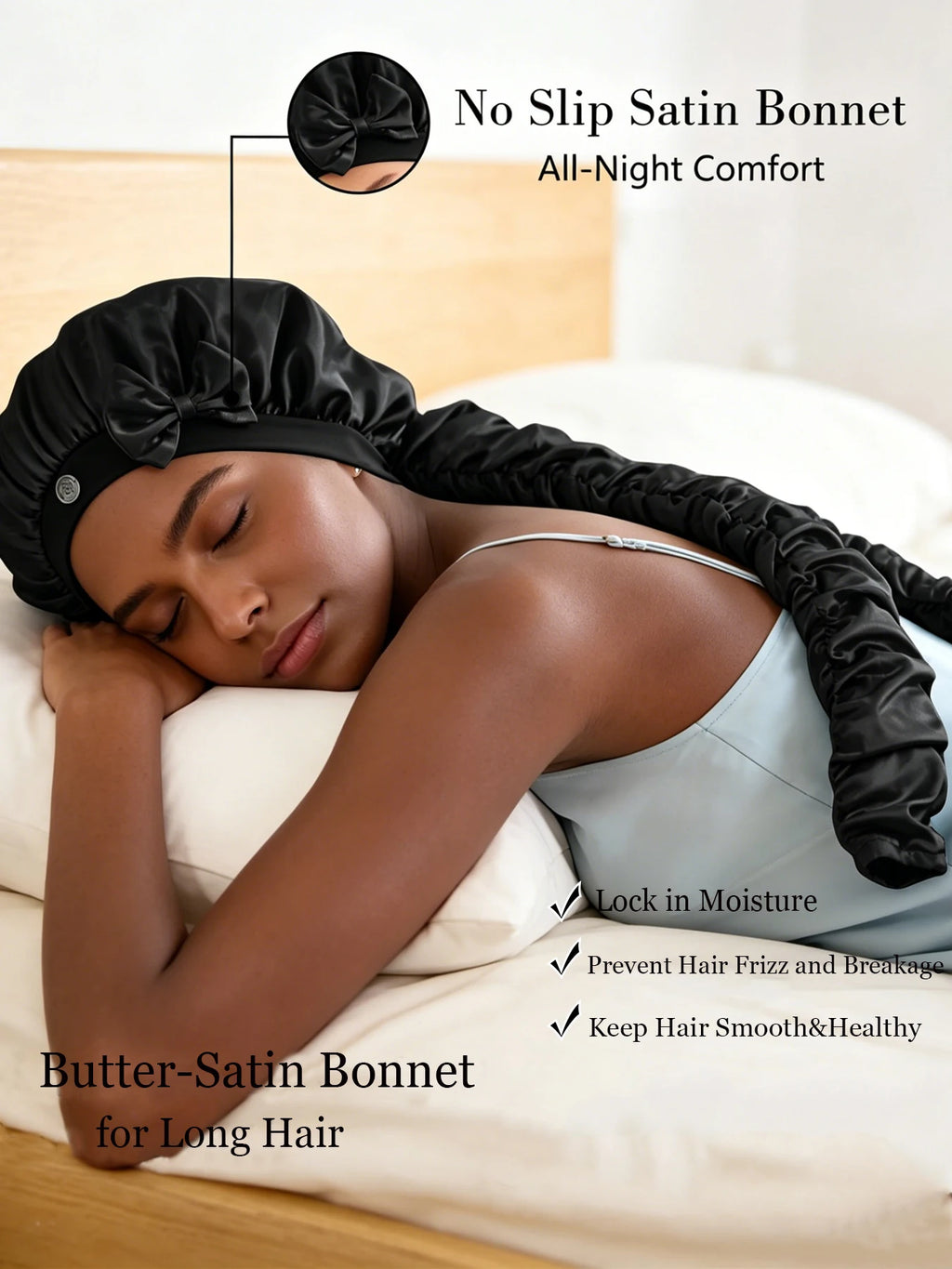 Heatless Curl Satin Bonnet for Sleeping, No Slip Sleep Bonnet with Long Curling Ribbons for Braids & Long Hair