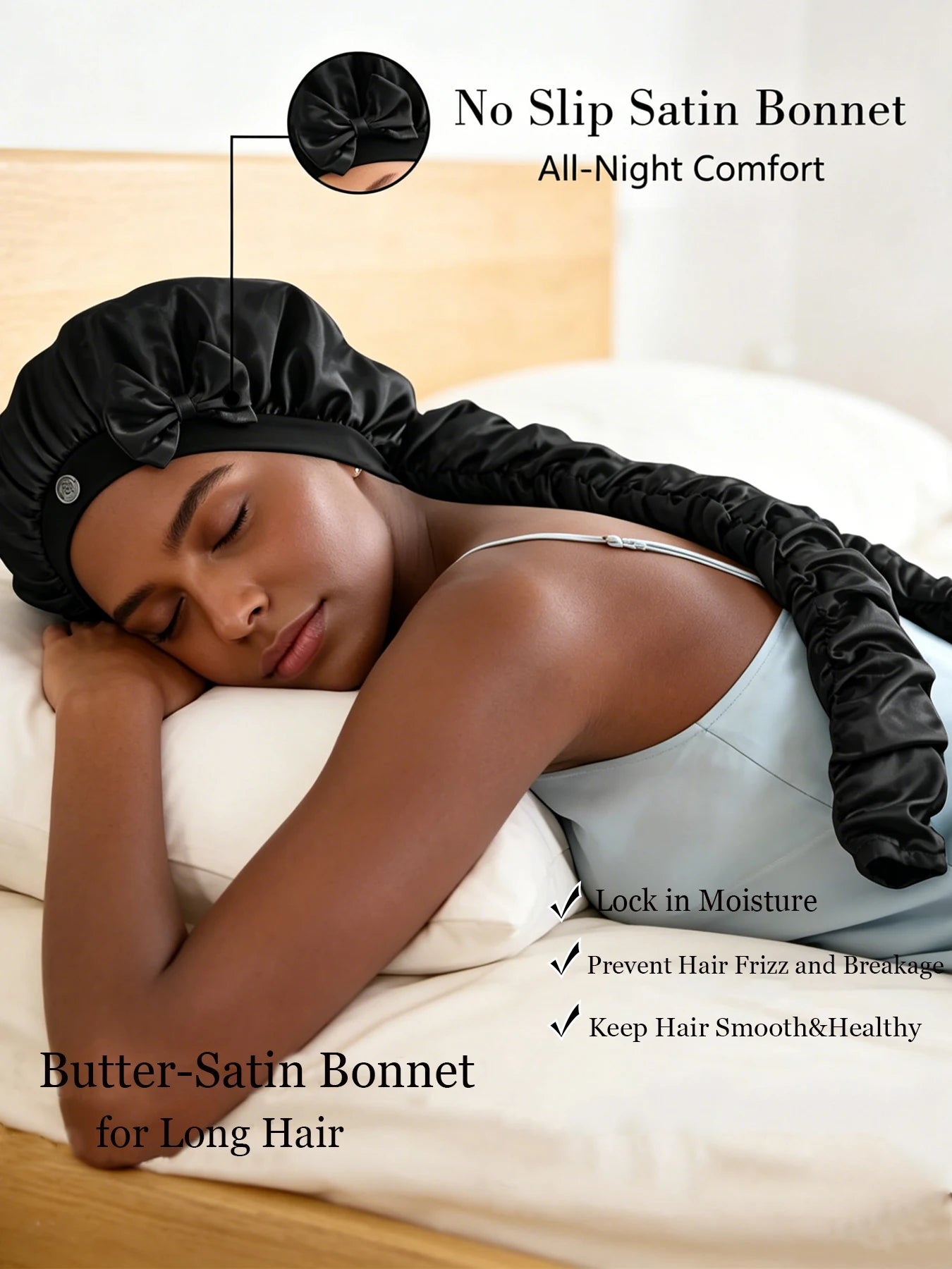 Heatless Curl Satin Bonnet for Sleeping, No Slip Sleep Bonnet with Long Curling Ribbons for Braids & Long Hair