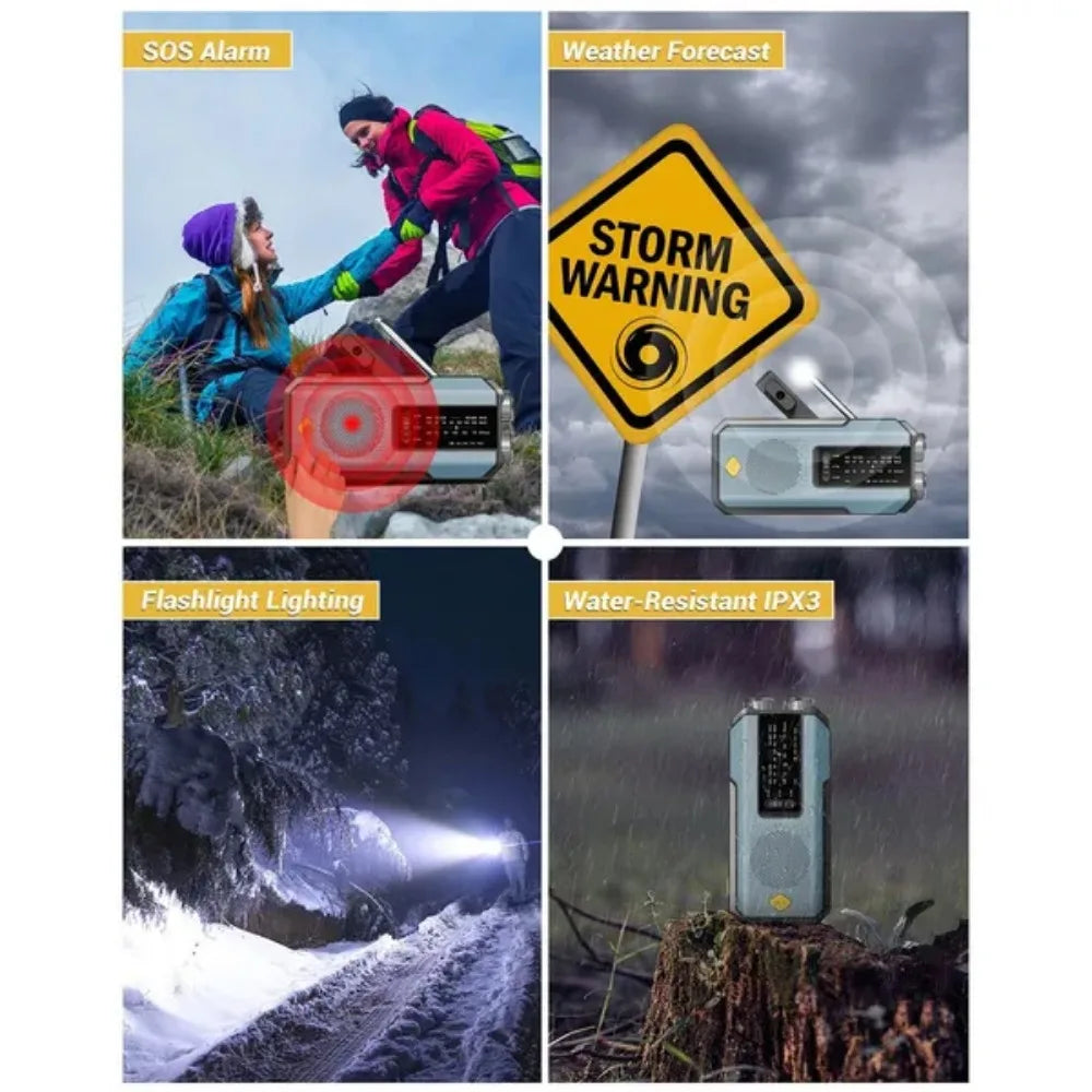 Emergency Solar Hand Crank Radio Global Receiver Portable AM FM NOAA Weather Radio 2000mAh Power Bank Phone Charger High Quality LED Flashlight Torch Reading Light SOS Alarm Survival Gear for Camping Outdoor Adventure