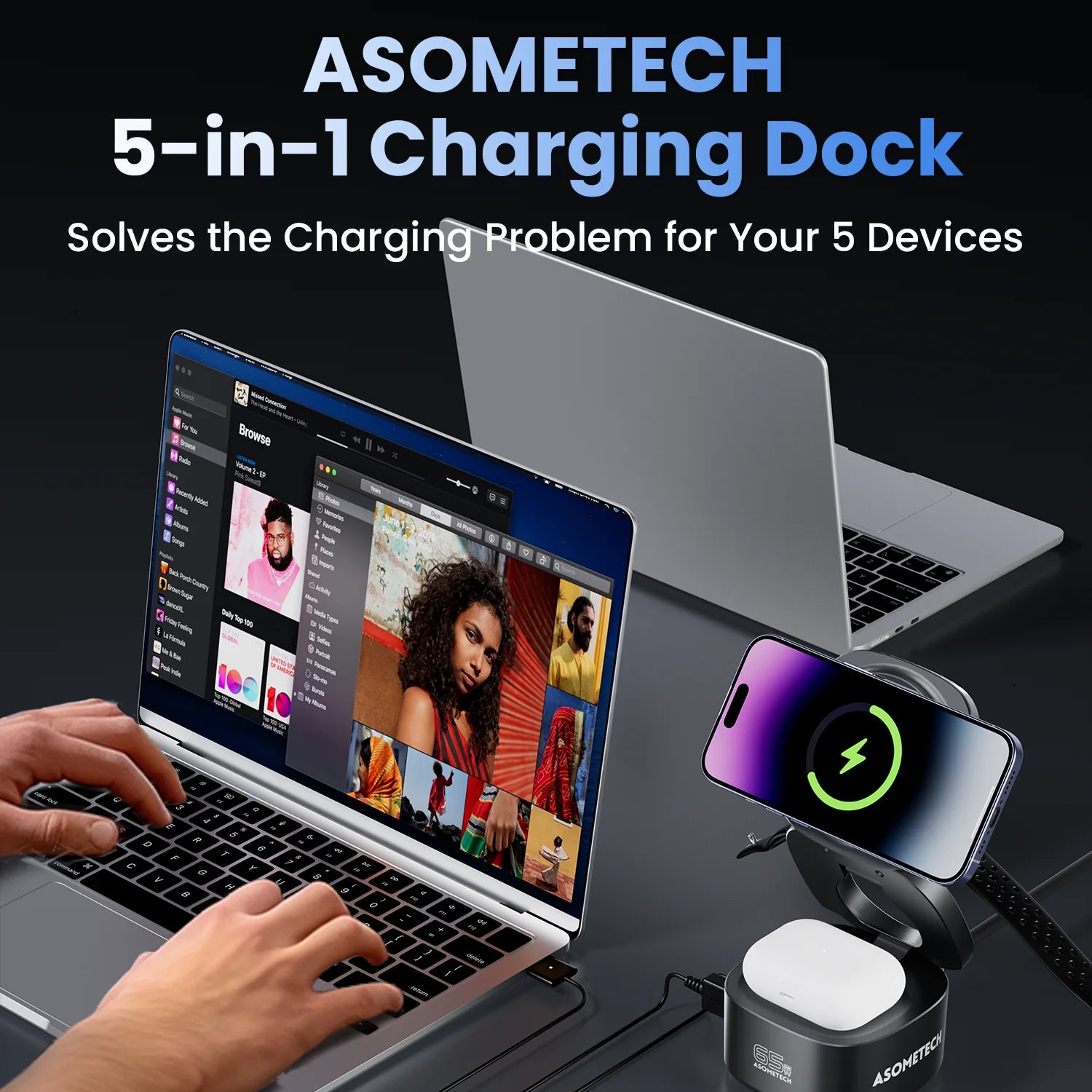 65W GaN USB C Charger For Macbook 5-IN-1 Magnetic Wireless Charger Foldable Fast Charging Station For iPhone 16 iWatch Airpod
