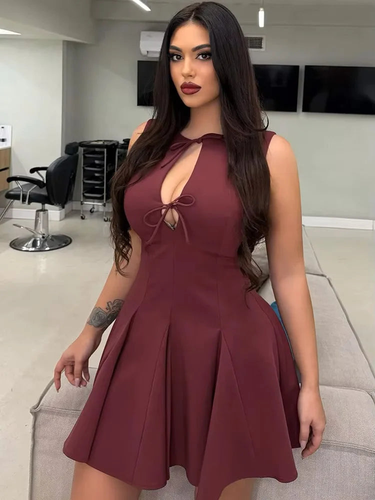 Women’s Elegant Sleeveless Mini Dress – Chic Bow Detail, Modern Cutout Design, Wine Red Summer Dress for Date Nights, Festivals & Casual Outings