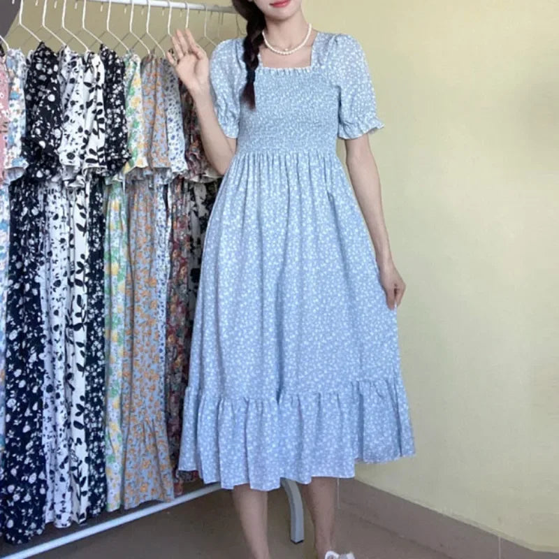 Women's Pleated Chiffon Midi Dress – Lightweight Spring & Summer Dress with Elastic Waist, Flowy A-Line Silhouette, Short Sleeve Casual Elegance