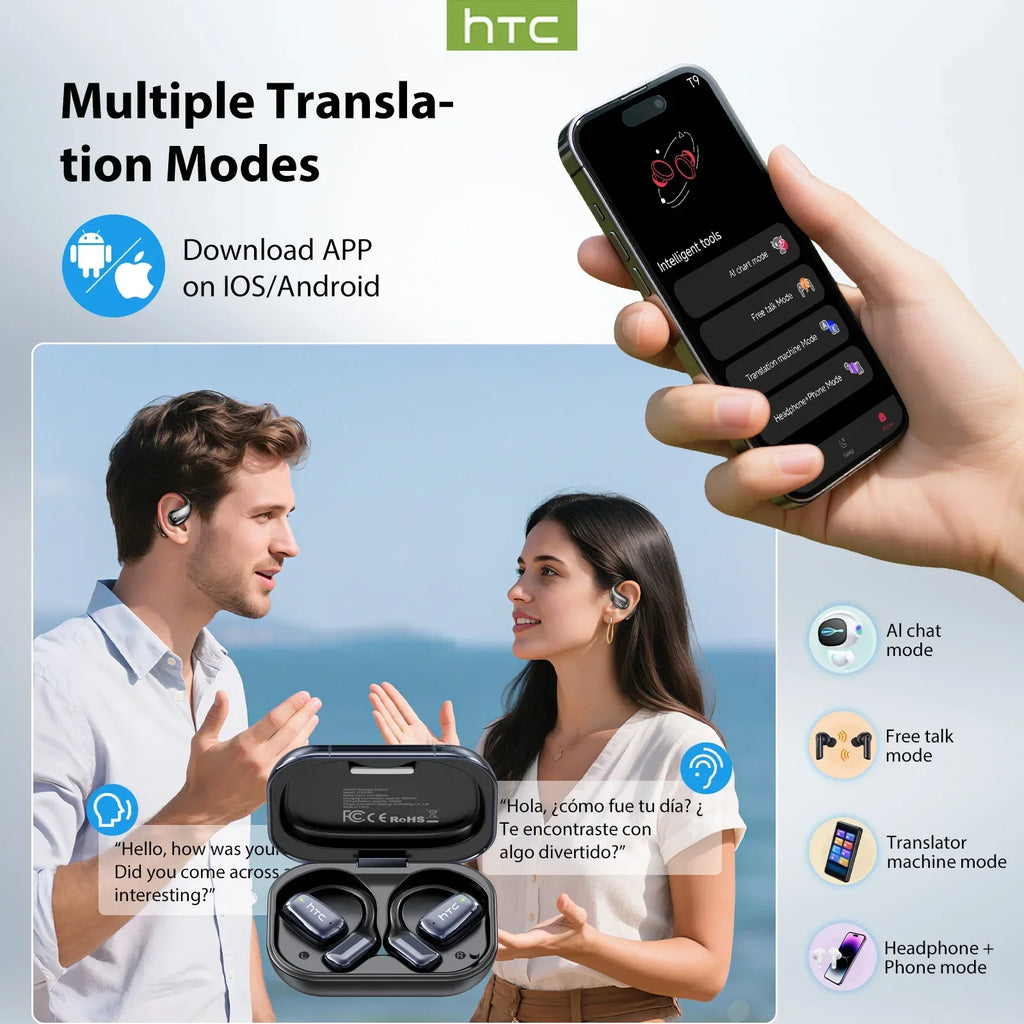 【AI Translator Earbuds】HTC NE25 Bluetooth Earphones LCD Touch Screen Sport Wireless Headphones Long Life with HD Mic