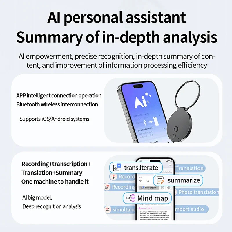 8-128GB AI Voice Recorder Real-Time Transcription Meeting Recording AI Notetaking Device 256G Mini Keychain Audio Dictaphone