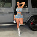 Streetwear Hollow Out Jeans Shorts Outfit Set Sexy Women Elegant Two Pieces Denim Club Matching Set Top+Shorts
