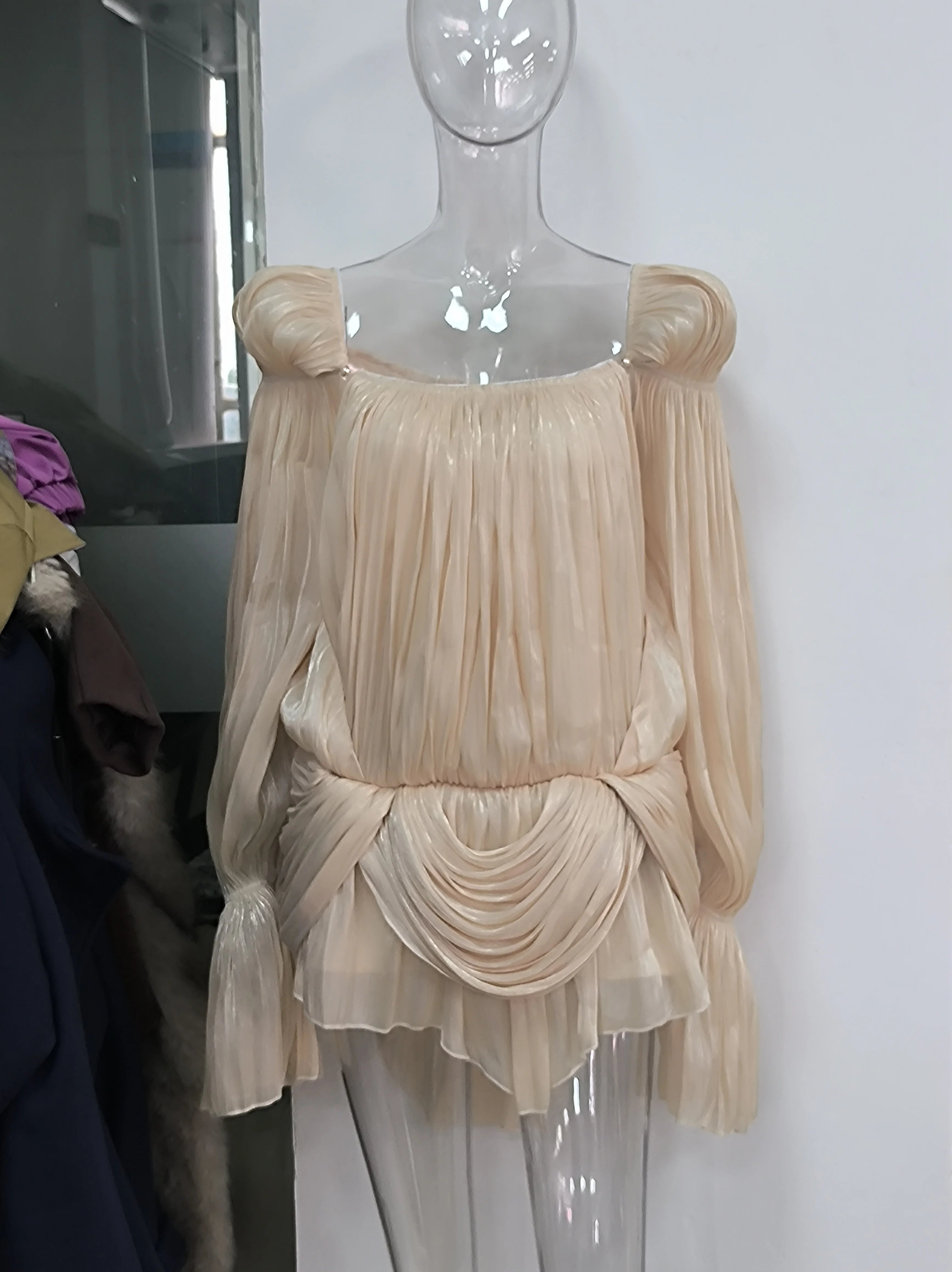 Women’s Satin Off-Shoulder Mini Dress – Elegant Pleated Design with Puff Sleeves, Flattering Cinched Waist, Perfect for Parties, Proms & Summer Events