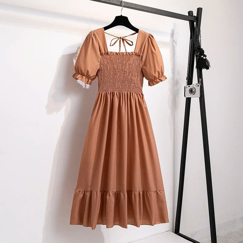 Women's Pleated Chiffon Midi Dress – Lightweight Spring & Summer Dress with Elastic Waist, Flowy A-Line Silhouette, Short Sleeve Casual Elegance