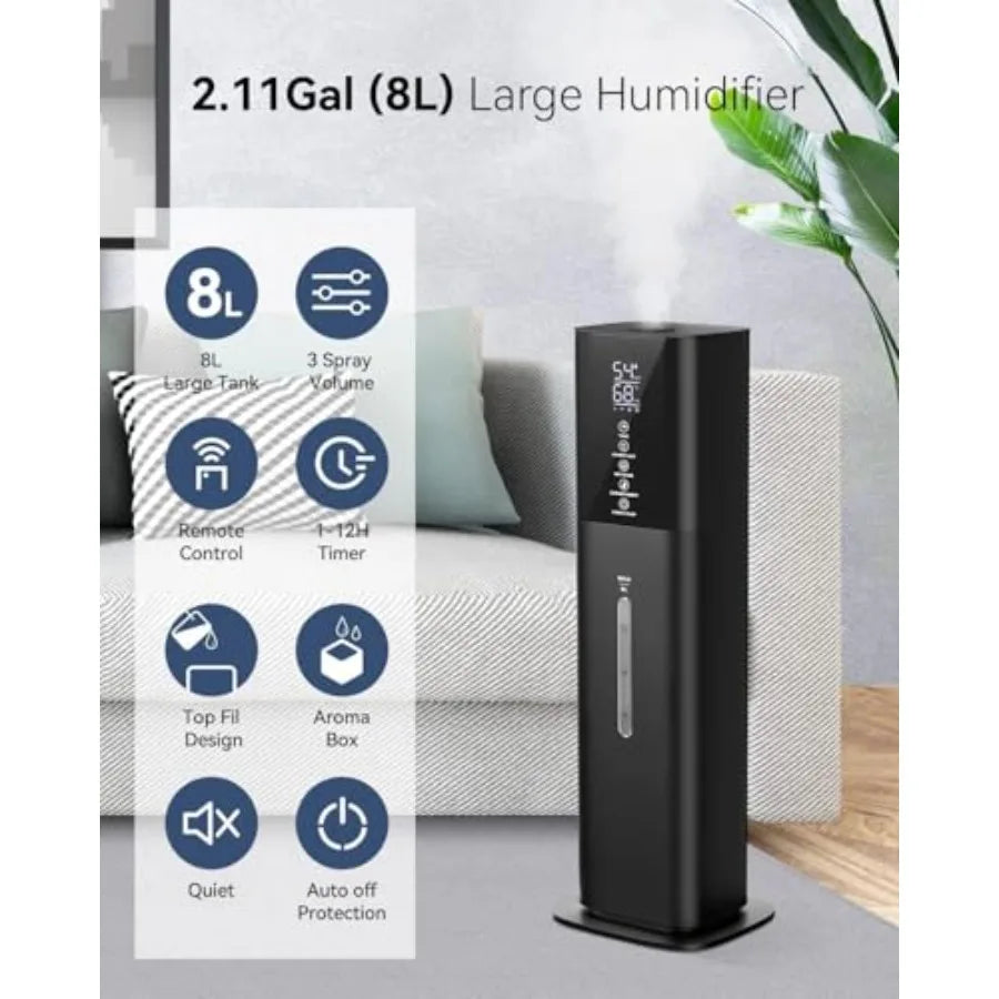 Bedroom humidifier for large rooms, ultrasonic cool mist, 8L capacity, quiet operation, 360 nozzle, 3-speed control, timer, hum