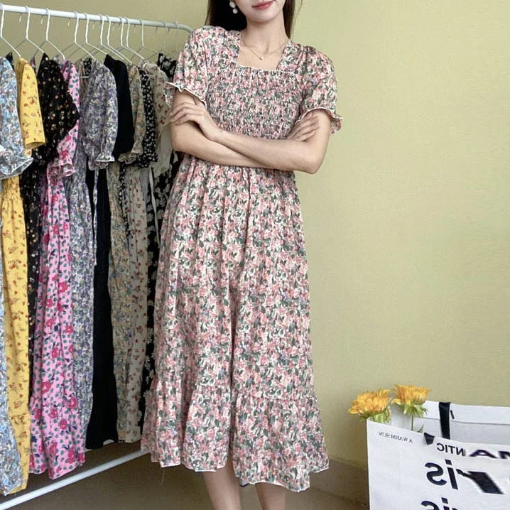 Women's Pleated Chiffon Midi Dress – Lightweight Spring & Summer Dress with Elastic Waist, Flowy A-Line Silhouette, Short Sleeve Casual Elegance