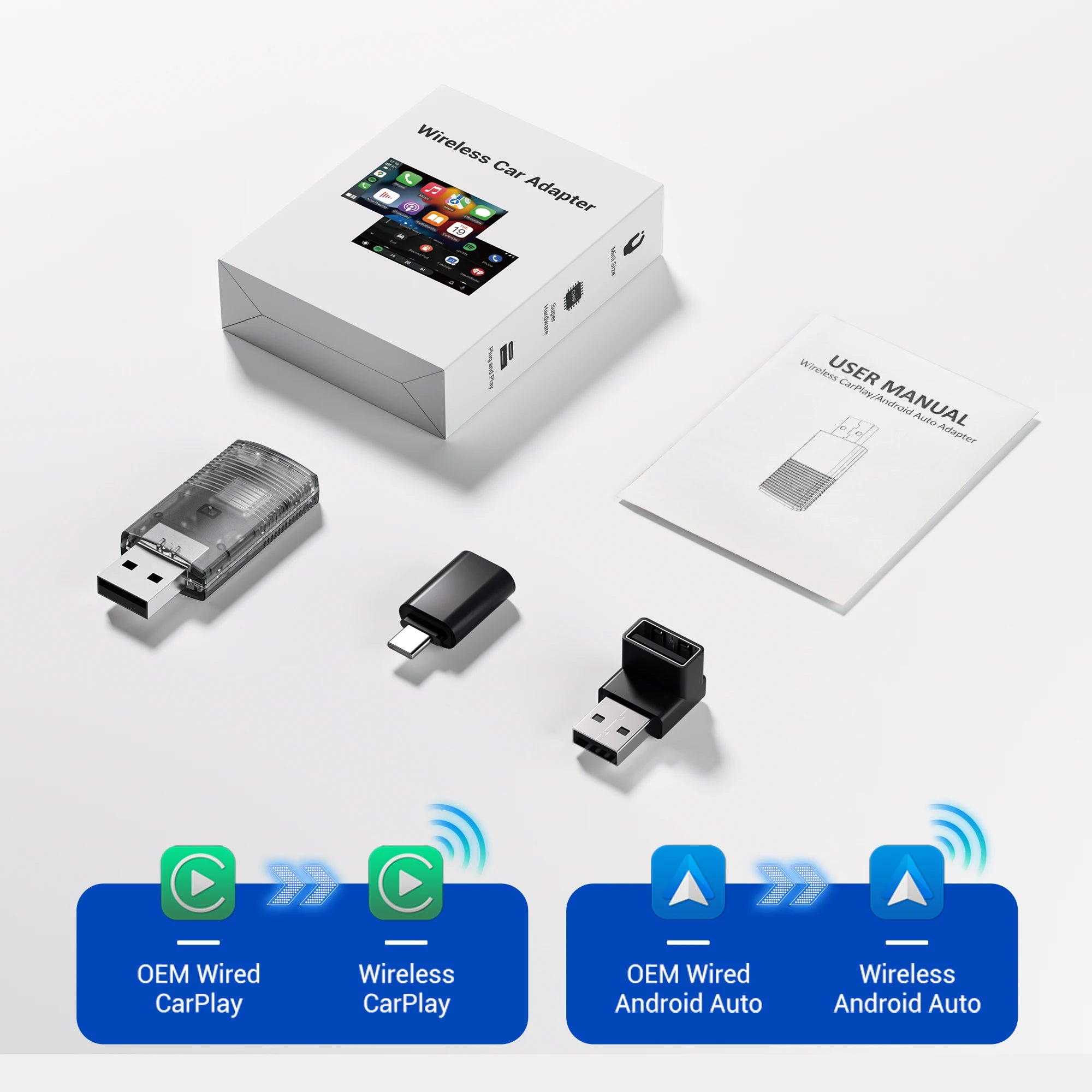 OTTOCAST Mini Slim Cube Wireless CarPlay Android Auto Adapter 2 in 1 USB AI Car Accessories for VW Haval Audi Kia Porsche Lexus