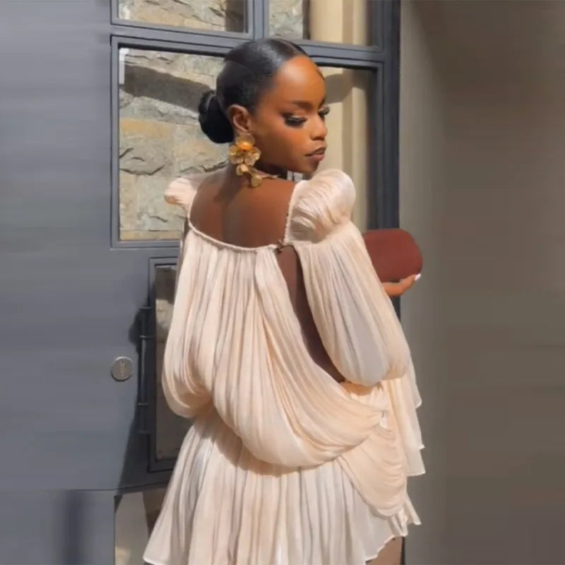 Women’s Satin Off-Shoulder Mini Dress – Elegant Pleated Design with Puff Sleeves, Flattering Cinched Waist, Perfect for Parties, Proms & Summer Events