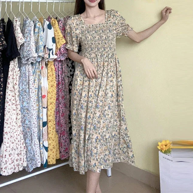 Women's Pleated Chiffon Midi Dress – Lightweight Spring & Summer Dress with Elastic Waist, Flowy A-Line Silhouette, Short Sleeve Casual Elegance