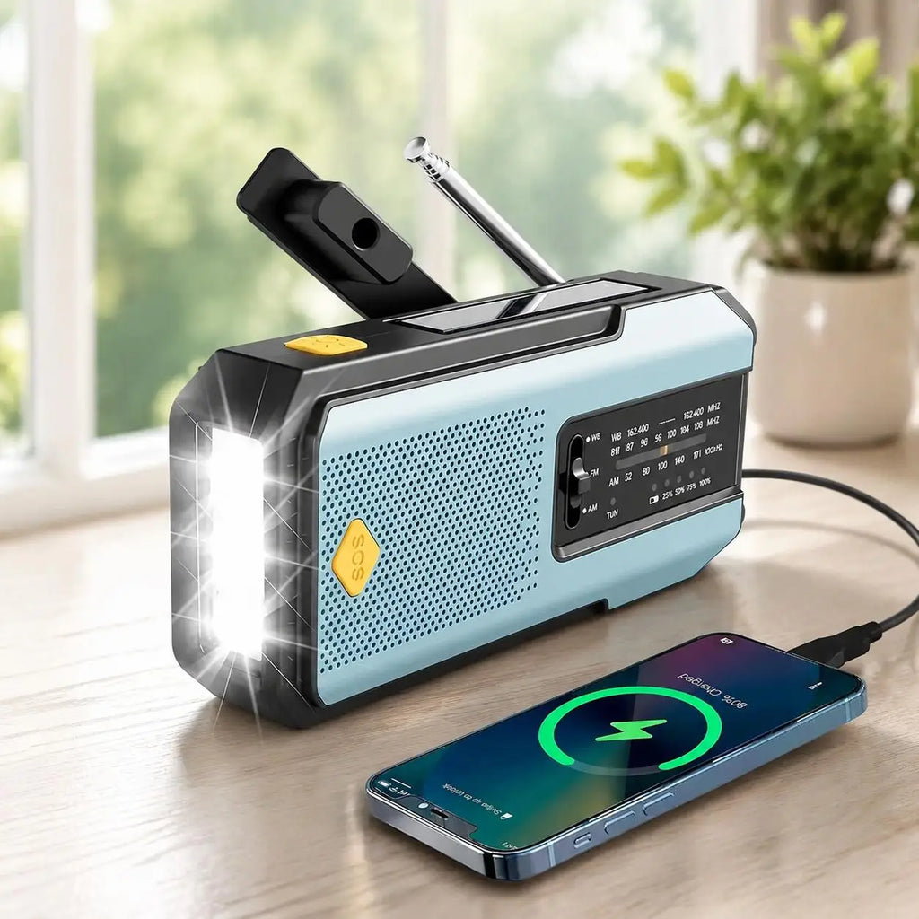 Emergency Solar Hand Crank Radio Global Receiver Portable AM FM NOAA Weather Radio 2000mAh Power Bank Phone Charger High Quality LED Flashlight Torch Reading Light SOS Alarm Survival Gear for Camping Outdoor Adventure