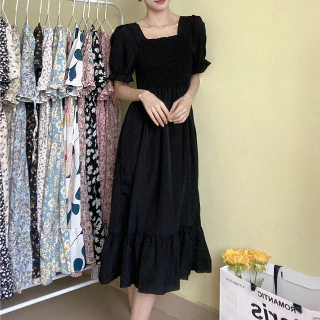 Women's Pleated Chiffon Midi Dress – Lightweight Spring & Summer Dress with Elastic Waist, Flowy A-Line Silhouette, Short Sleeve Casual Elegance