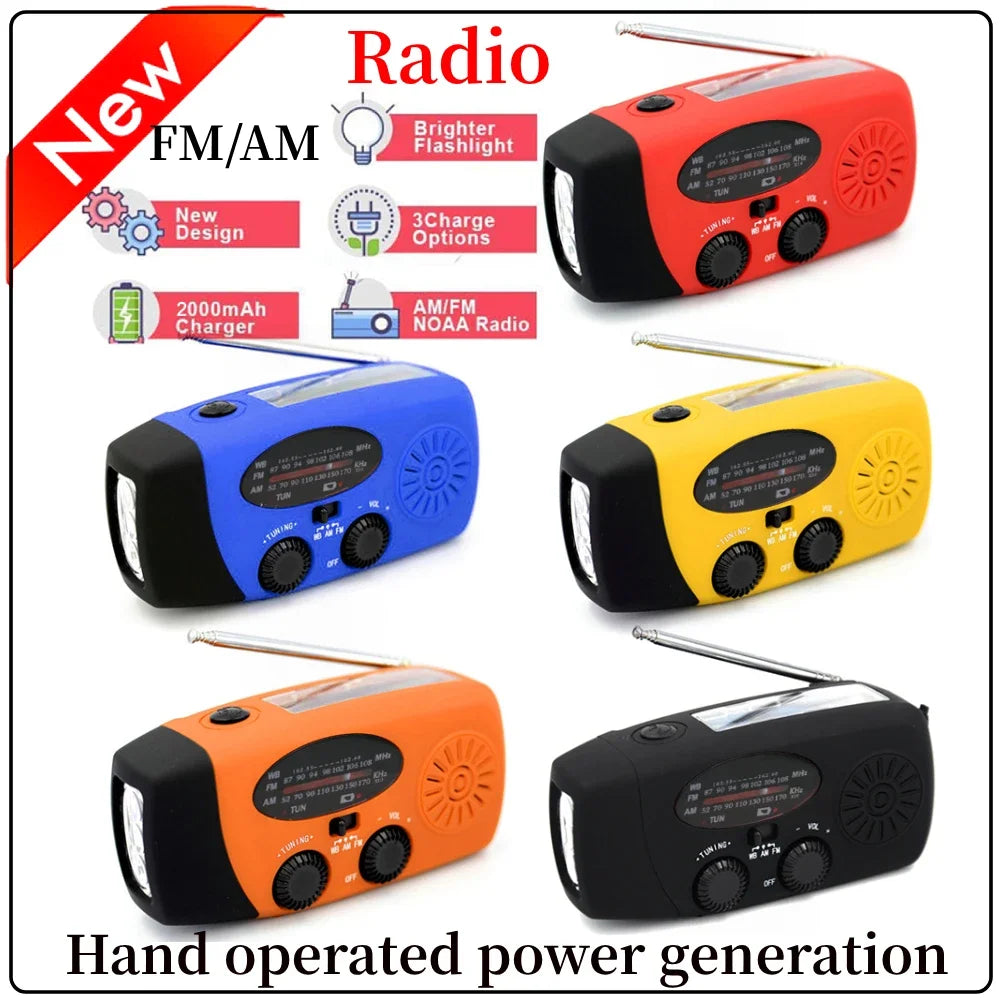 AM FM Radio Portable Multifunction Solar Hand Crank Radio Outdoor Emergency LED Flashlight 2000mAh USB Power Bank Phone Charger