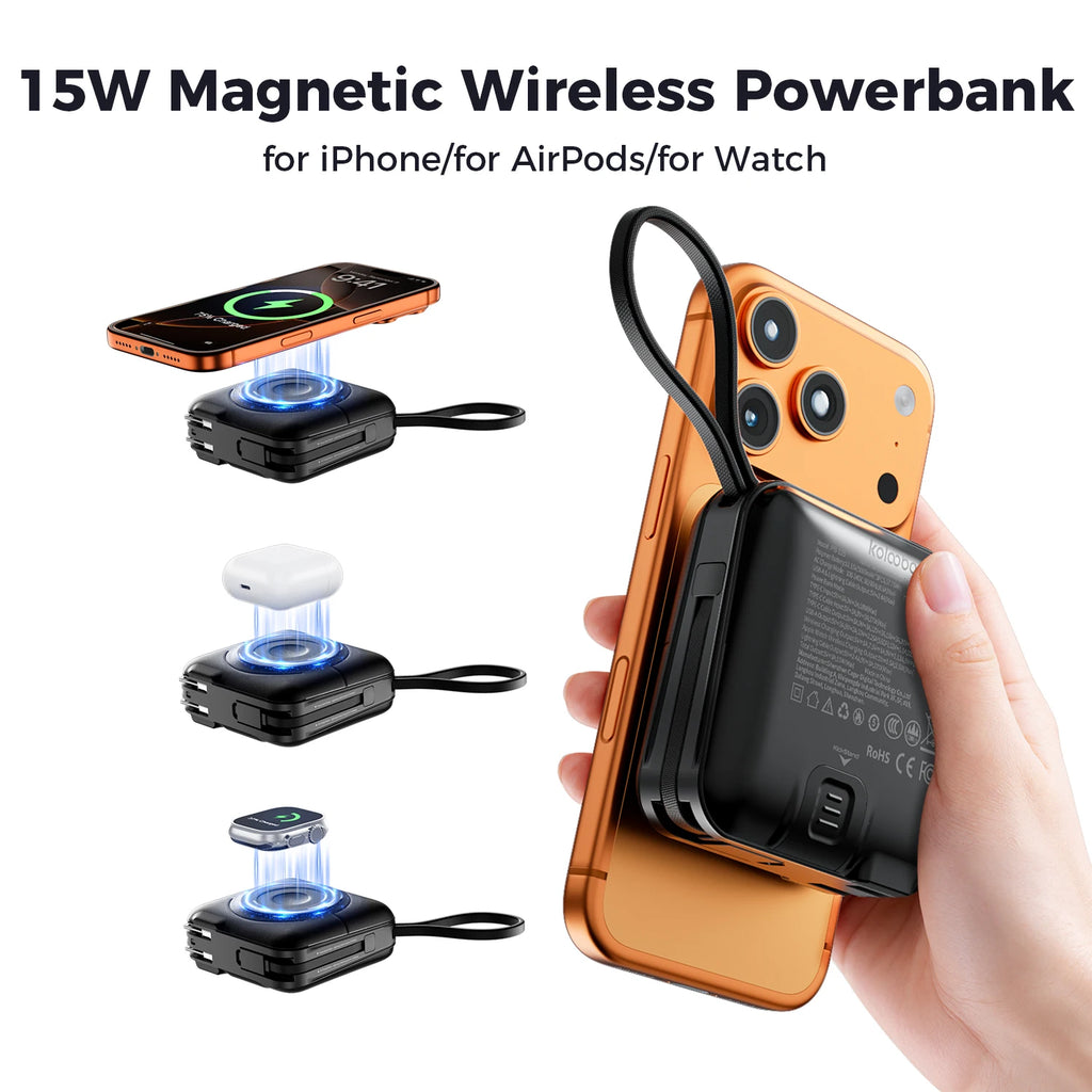 5 in 1 Magnetic Wireless PowerBank Type-C 45W Fast Charging With Dual Cables AC Plug for iPhone 12-17 Android Airpods 15000mAh