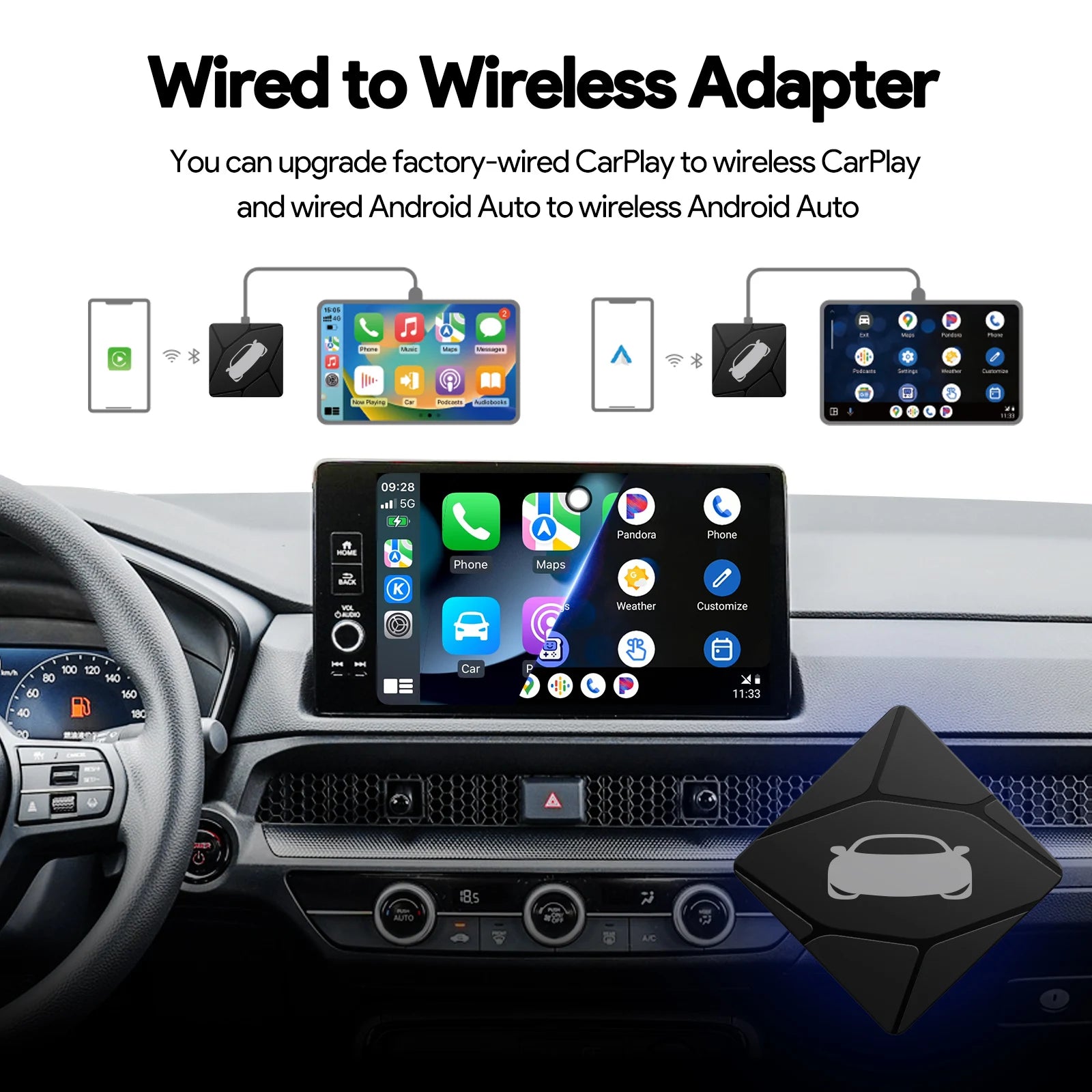 Binize Wireless CarPlay Adapter Wired To Wireless 2 in 1 Box Wireless Android Auto For Mazda Toyota Peugeot Volvo