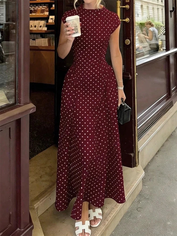 Women's Flowy Polka Dot Maxi Dress – Elegant Summer Vacation Outfit, Flattering Slim-Fit Casual Party Dress, Chic Everyday & Special Occasion Wear