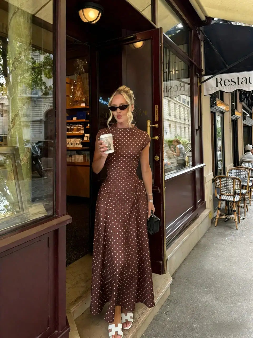 Women's Flowy Polka Dot Maxi Dress – Elegant Summer Vacation Outfit, Flattering Slim-Fit Casual Party Dress, Chic Everyday & Special Occasion Wear