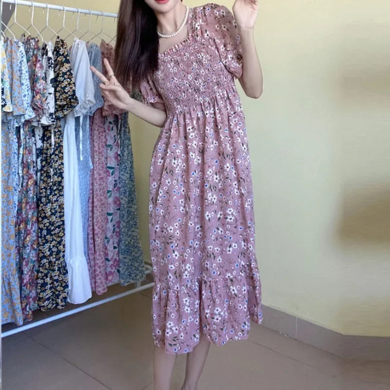 Women's Pleated Chiffon Midi Dress – Lightweight Spring & Summer Dress with Elastic Waist, Flowy A-Line Silhouette, Short Sleeve Casual Elegance