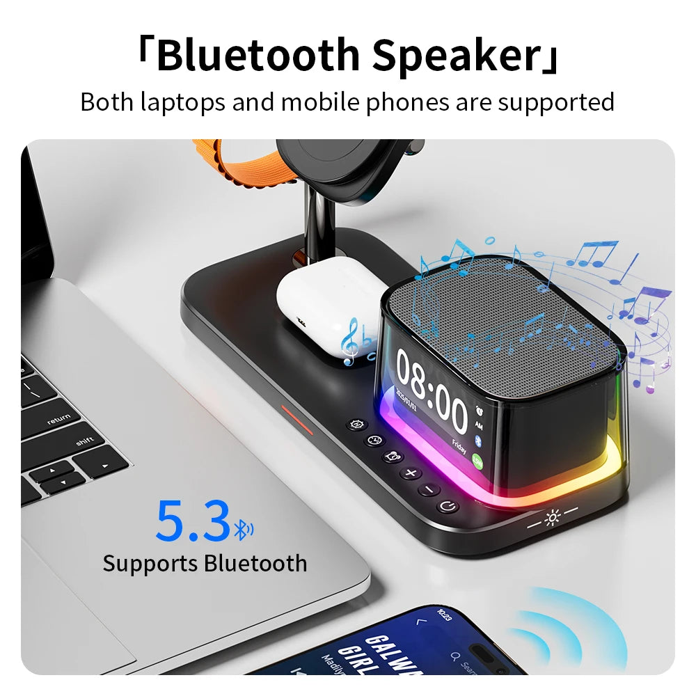 Qi2 25W Wireless Charger 2025 Multifunction Light Rgb Desk Alarm Clock Bluetooth Speaker 5 in 1 Fast Charging for Iphone 17 16