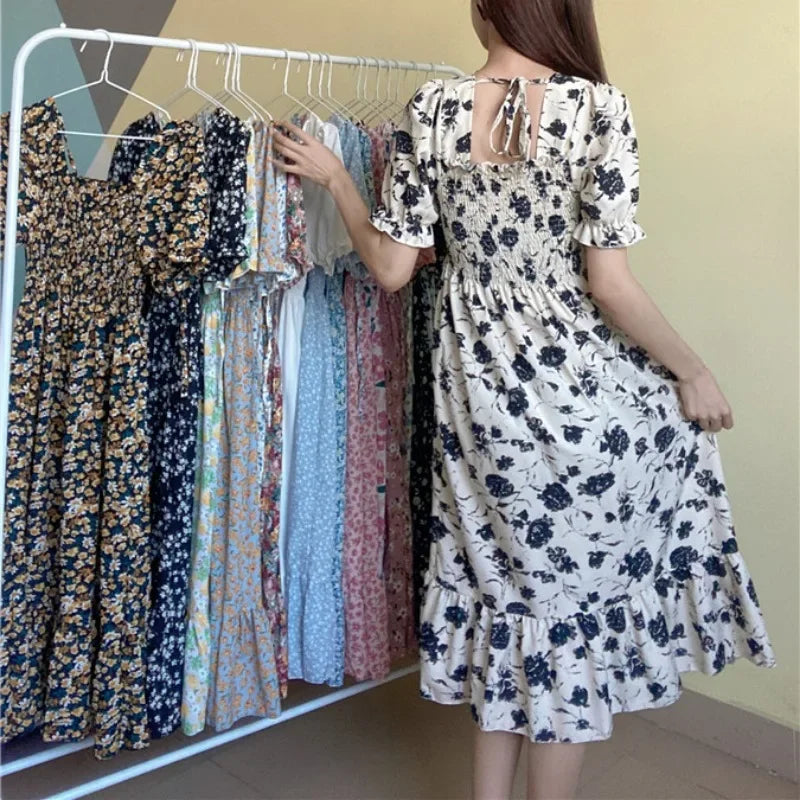 Women's Pleated Chiffon Midi Dress – Lightweight Spring & Summer Dress with Elastic Waist, Flowy A-Line Silhouette, Short Sleeve Casual Elegance