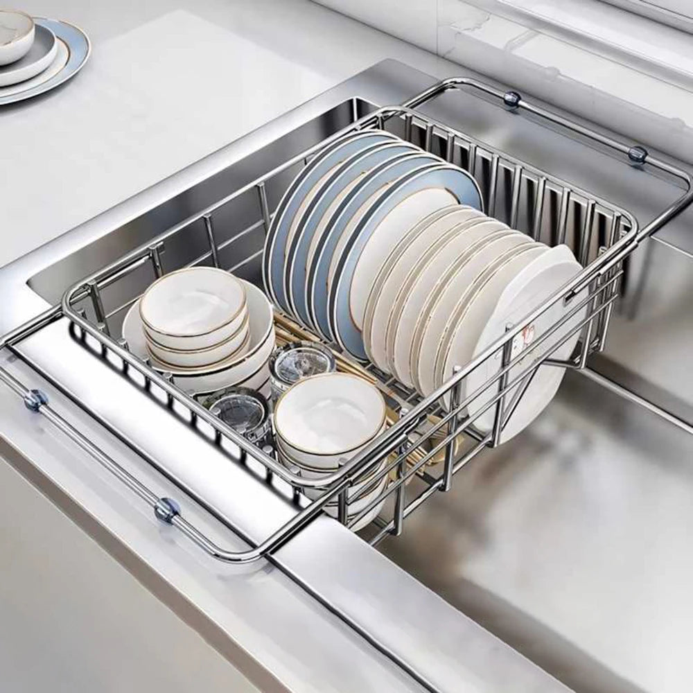 Stainless Steel Telescopic Sink Drain Rack Non-Slip Dish Drying Kitchen Bathroom Countertop Organizer Rack for Household Use