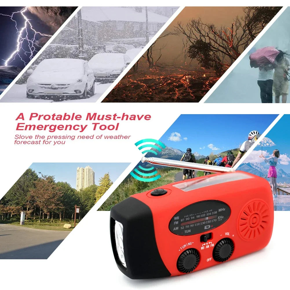 AM FM Radio Portable Multifunction Solar Hand Crank Radio Outdoor Emergency LED Flashlight 2000mAh USB Power Bank Phone Charger