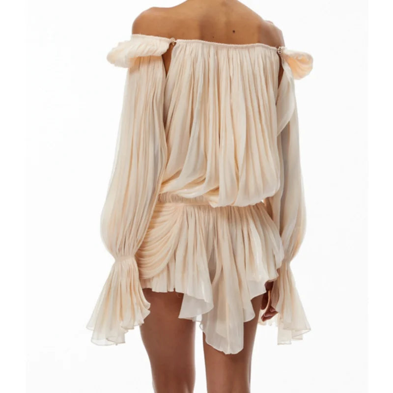 Women’s Satin Off-Shoulder Mini Dress – Elegant Pleated Design with Puff Sleeves, Flattering Cinched Waist, Perfect for Parties, Proms & Summer Events