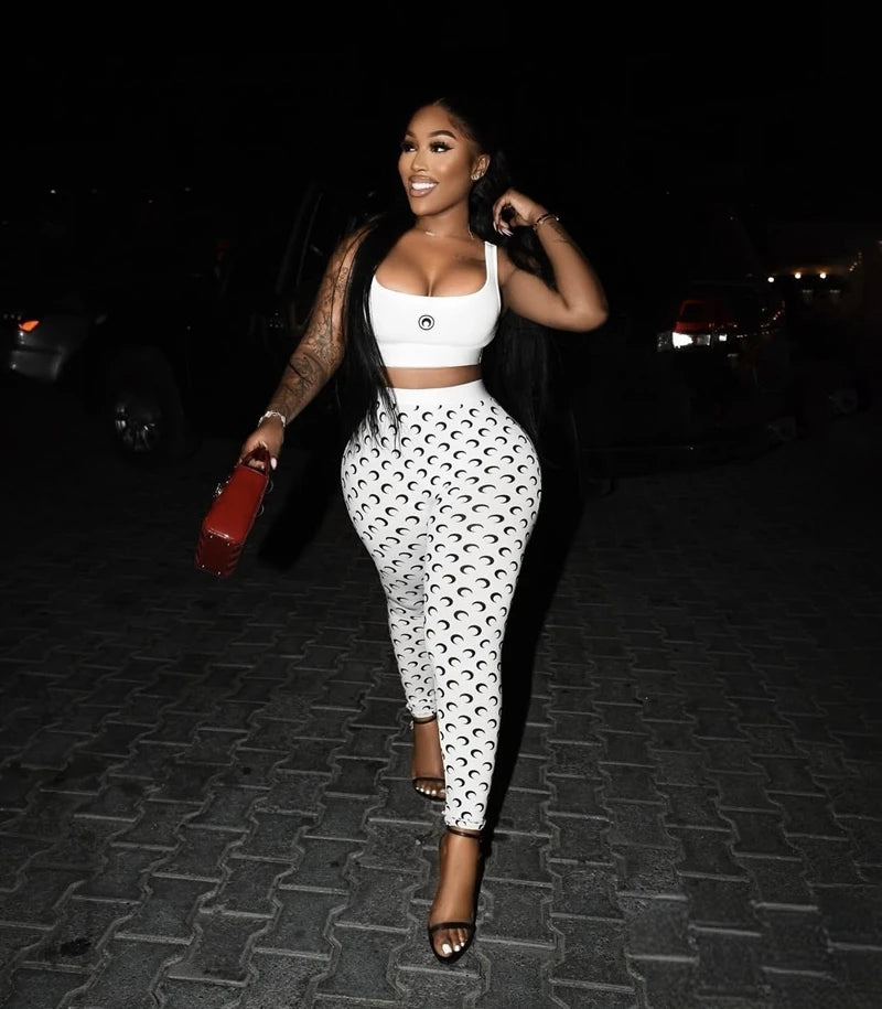 STYLISH LADY Moon Printed Sports 2 Piece Set Women Sleeveless Crop Top and Skinny Pant Suits 2025 Summer Street Fitness Outfits