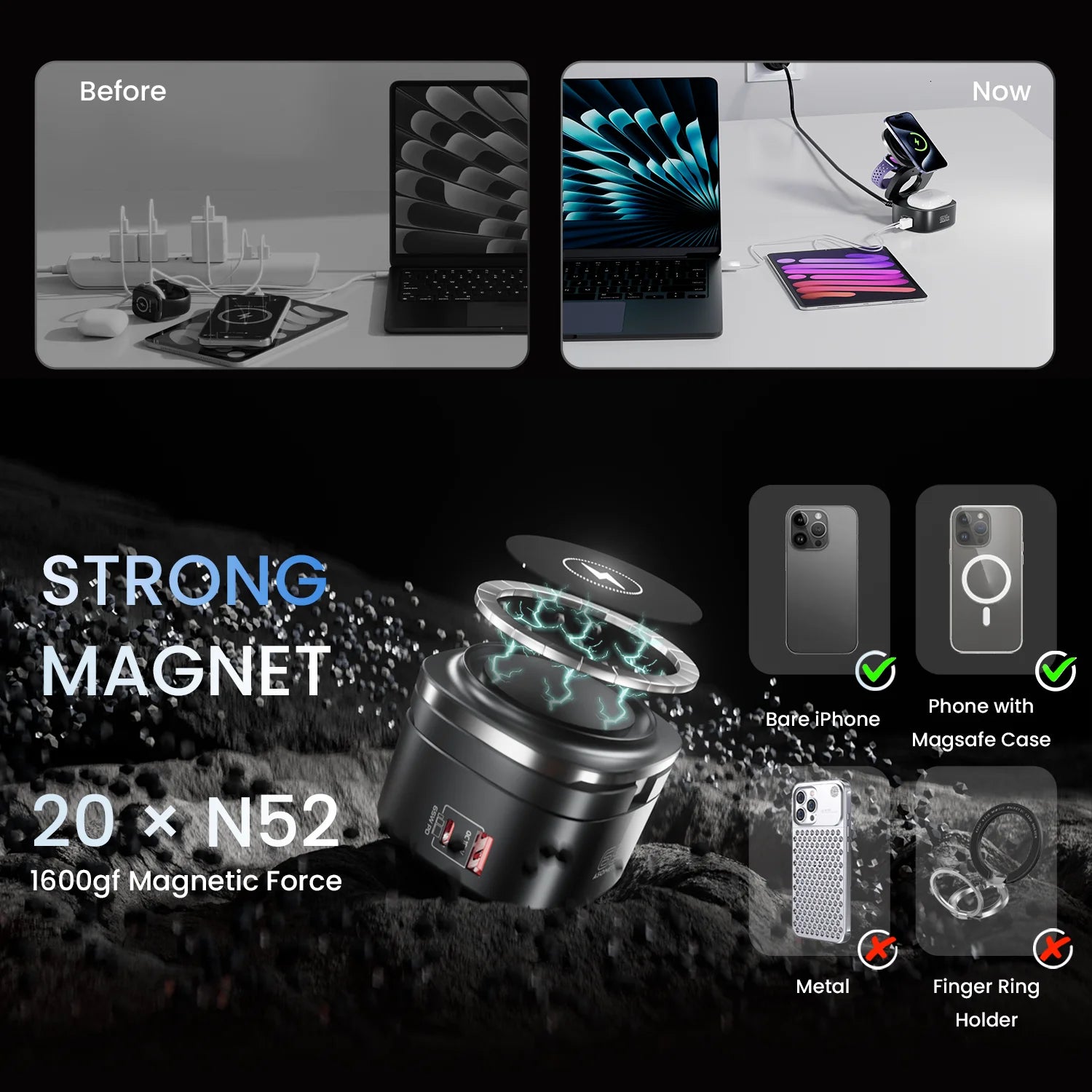 65W GaN USB C Charger For Macbook 5-IN-1 Magnetic Wireless Charger Foldable Fast Charging Station For iPhone 16 iWatch Airpod