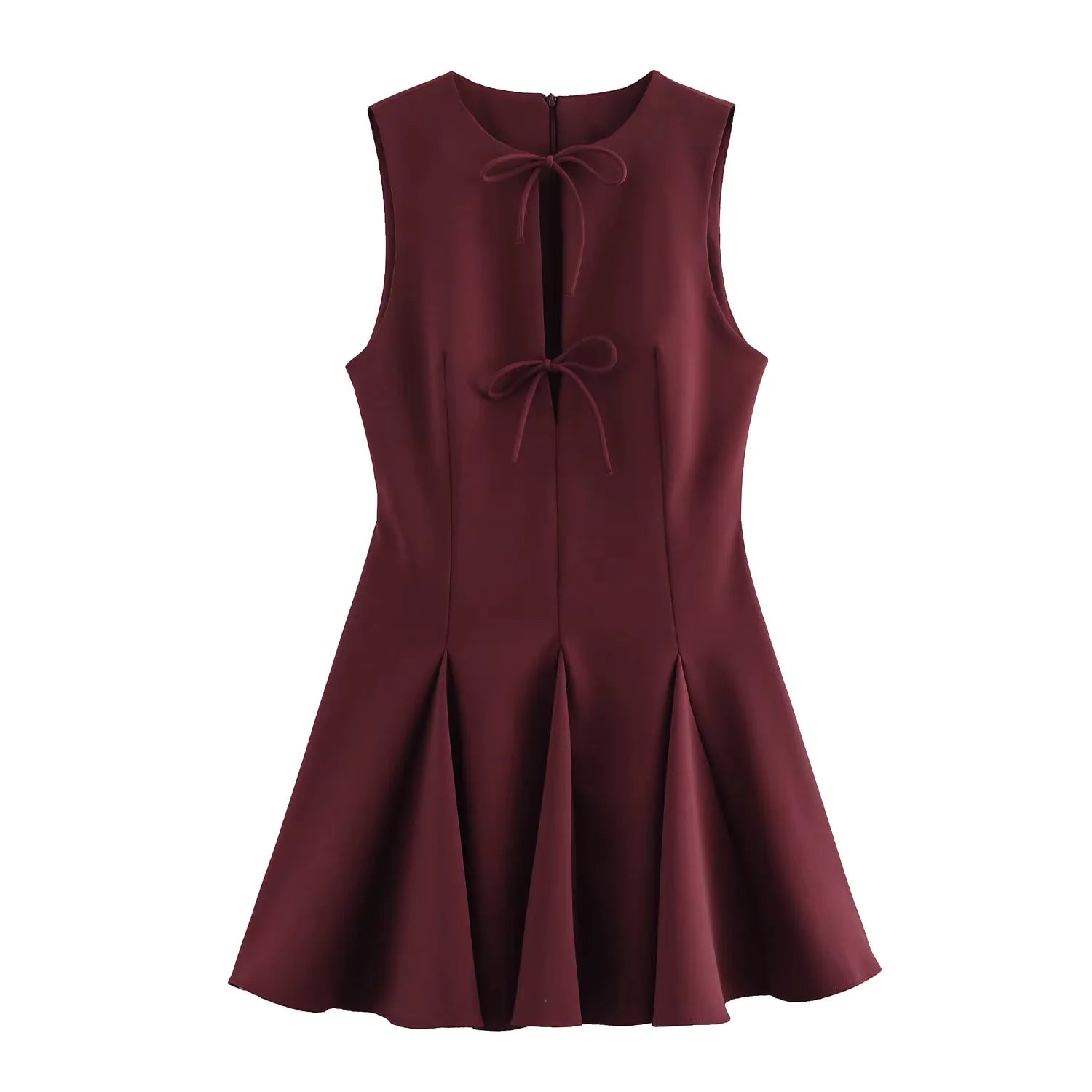 Women’s Elegant Sleeveless Mini Dress – Chic Bow Detail, Modern Cutout Design, Wine Red Summer Dress for Date Nights, Festivals & Casual Outings