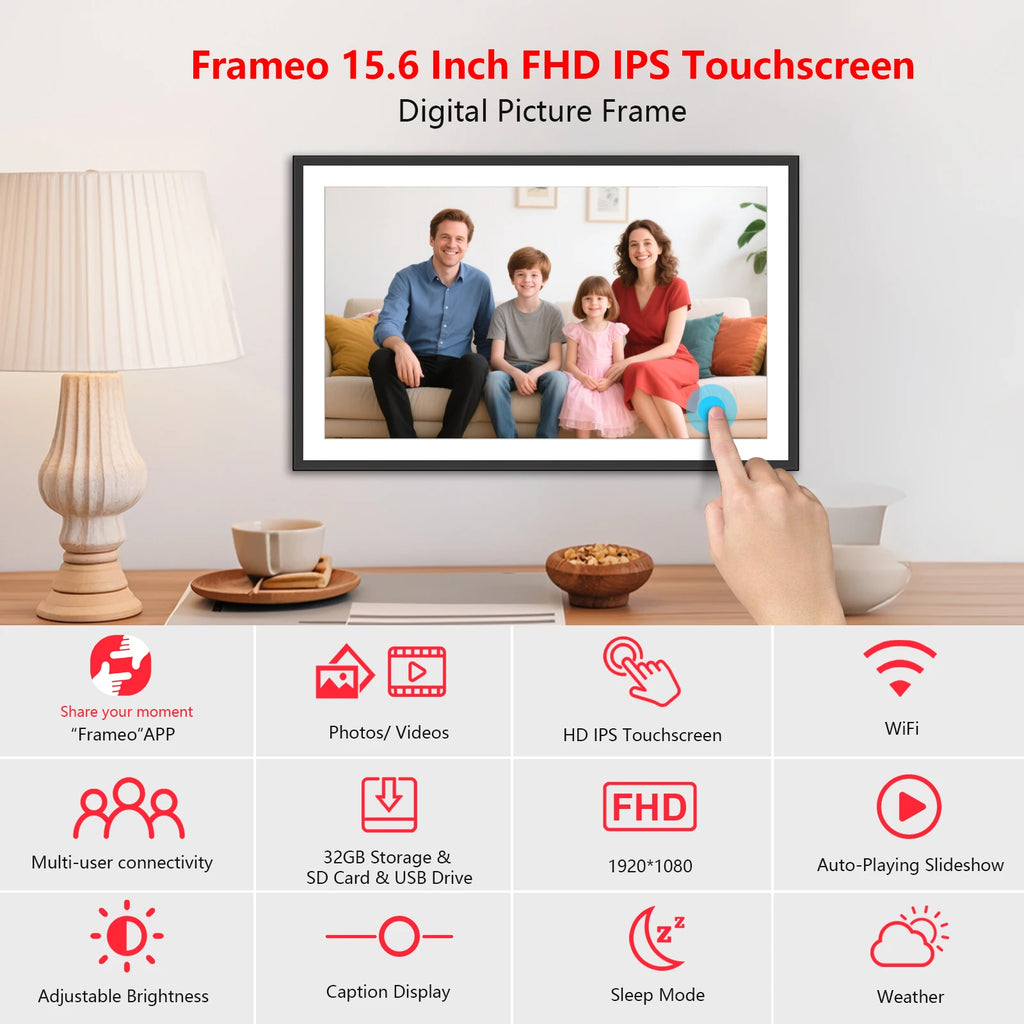 FRAMEO 15.6 Inch 32GB Large Digital Photo Frame, Digital Picture Frame WiFi, IPS HD Touch Screen, Photo Frame with Auto-Rotate