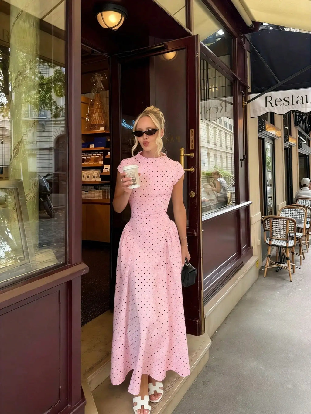 Women's Flowy Polka Dot Maxi Dress – Elegant Summer Vacation Outfit, Flattering Slim-Fit Casual Party Dress, Chic Everyday & Special Occasion Wear