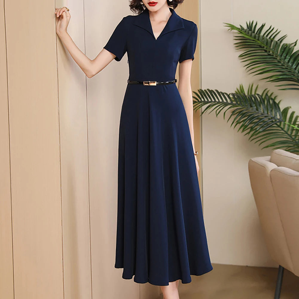 Women's Navy Blue Midi Dress – Elegant Summer Waist-Defining Dress, Chic Suit Collar Design, Flattering A-Line Silhouette for Work, Parties & Special Occasions