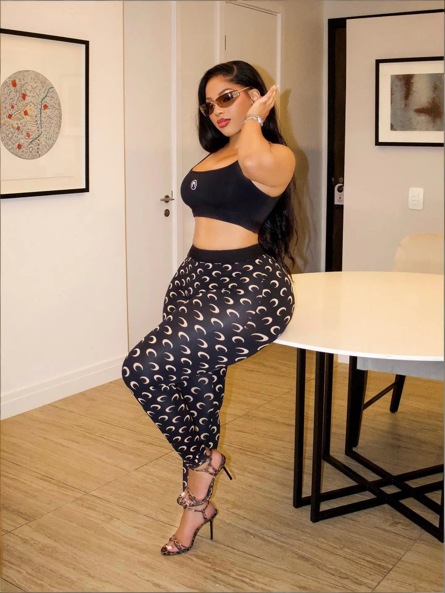 STYLISH LADY Moon Printed Sports 2 Piece Set Women Sleeveless Crop Top and Skinny Pant Suits 2025 Summer Street Fitness Outfits