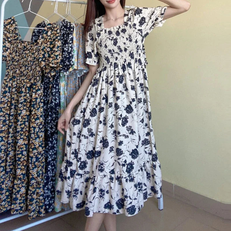 Women's Pleated Chiffon Midi Dress – Lightweight Spring & Summer Dress with Elastic Waist, Flowy A-Line Silhouette, Short Sleeve Casual Elegance