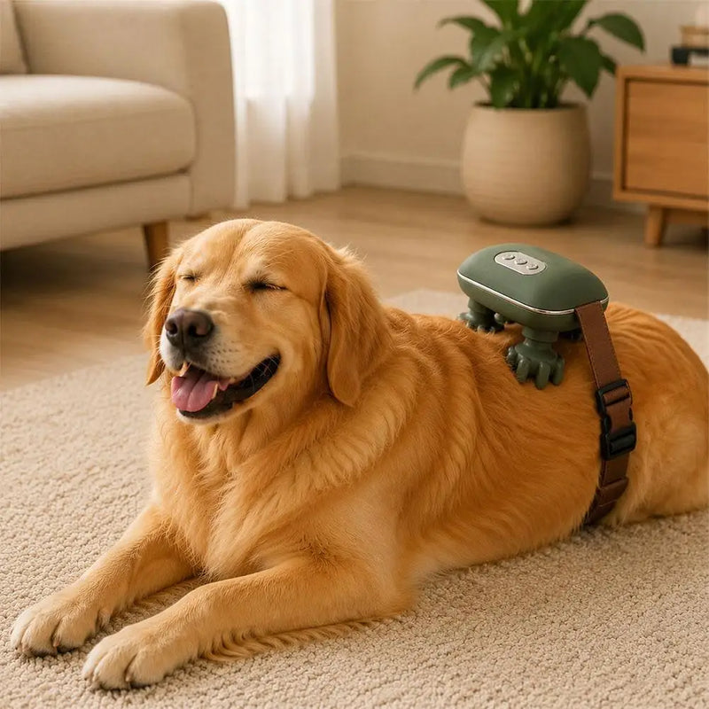 Golden retriever relaxing with the massager strapped to its back