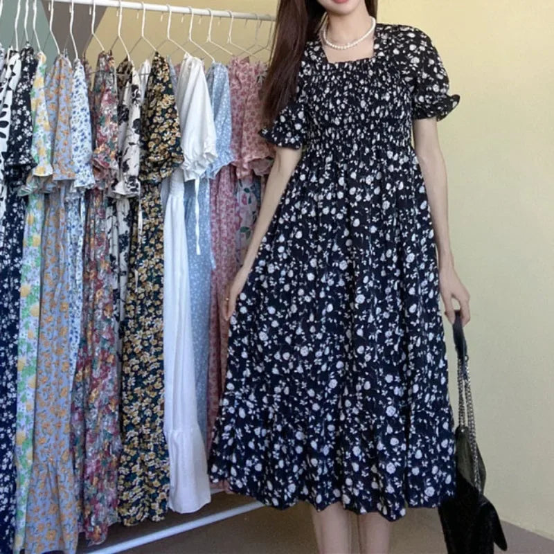 Women's Pleated Chiffon Midi Dress – Lightweight Spring & Summer Dress with Elastic Waist, Flowy A-Line Silhouette, Short Sleeve Casual Elegance