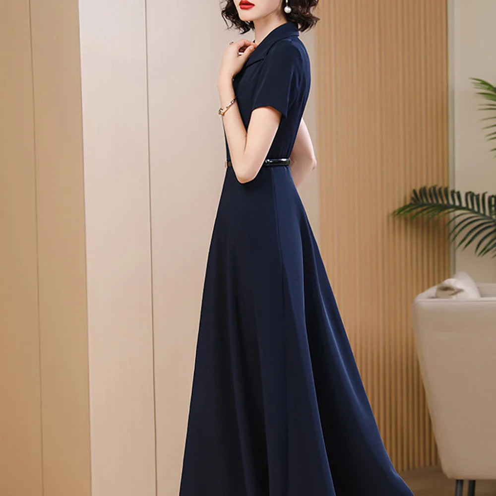 Women's Navy Blue Midi Dress – Elegant Summer Waist-Defining Dress, Chic Suit Collar Design, Flattering A-Line Silhouette for Work, Parties & Special Occasions