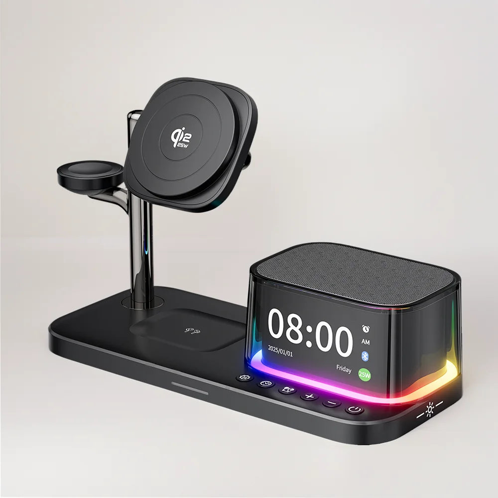 Qi2 25W Wireless Charger 2025 Multifunction Light Rgb Desk Alarm Clock Bluetooth Speaker 5 in 1 Fast Charging for Iphone 17 16