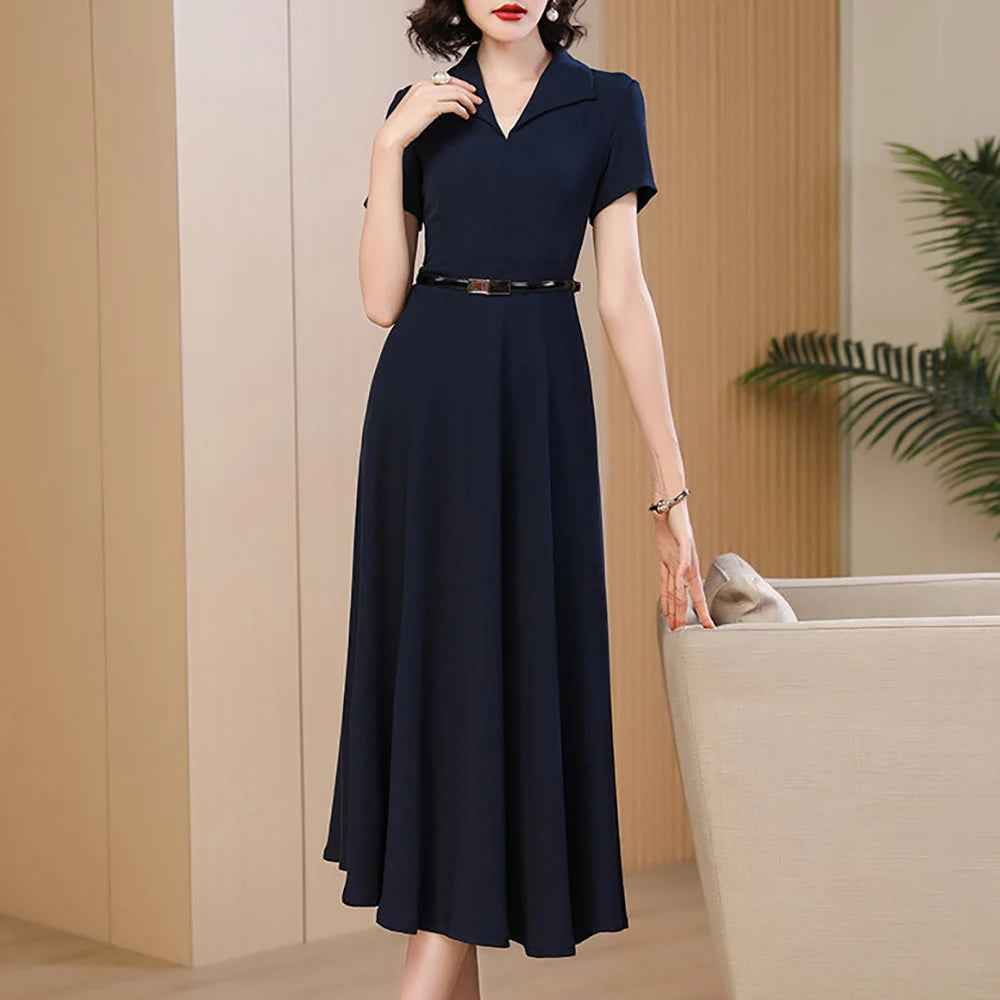 Women's Navy Blue Midi Dress – Elegant Summer Waist-Defining Dress, Chic Suit Collar Design, Flattering A-Line Silhouette for Work, Parties & Special Occasions