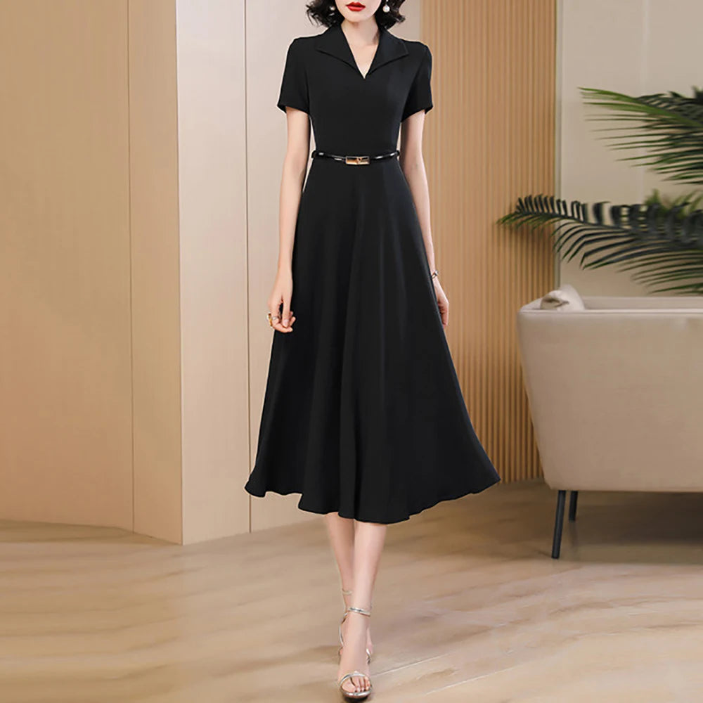Women's Navy Blue Midi Dress – Elegant Summer Waist-Defining Dress, Chic Suit Collar Design, Flattering A-Line Silhouette for Work, Parties & Special Occasions