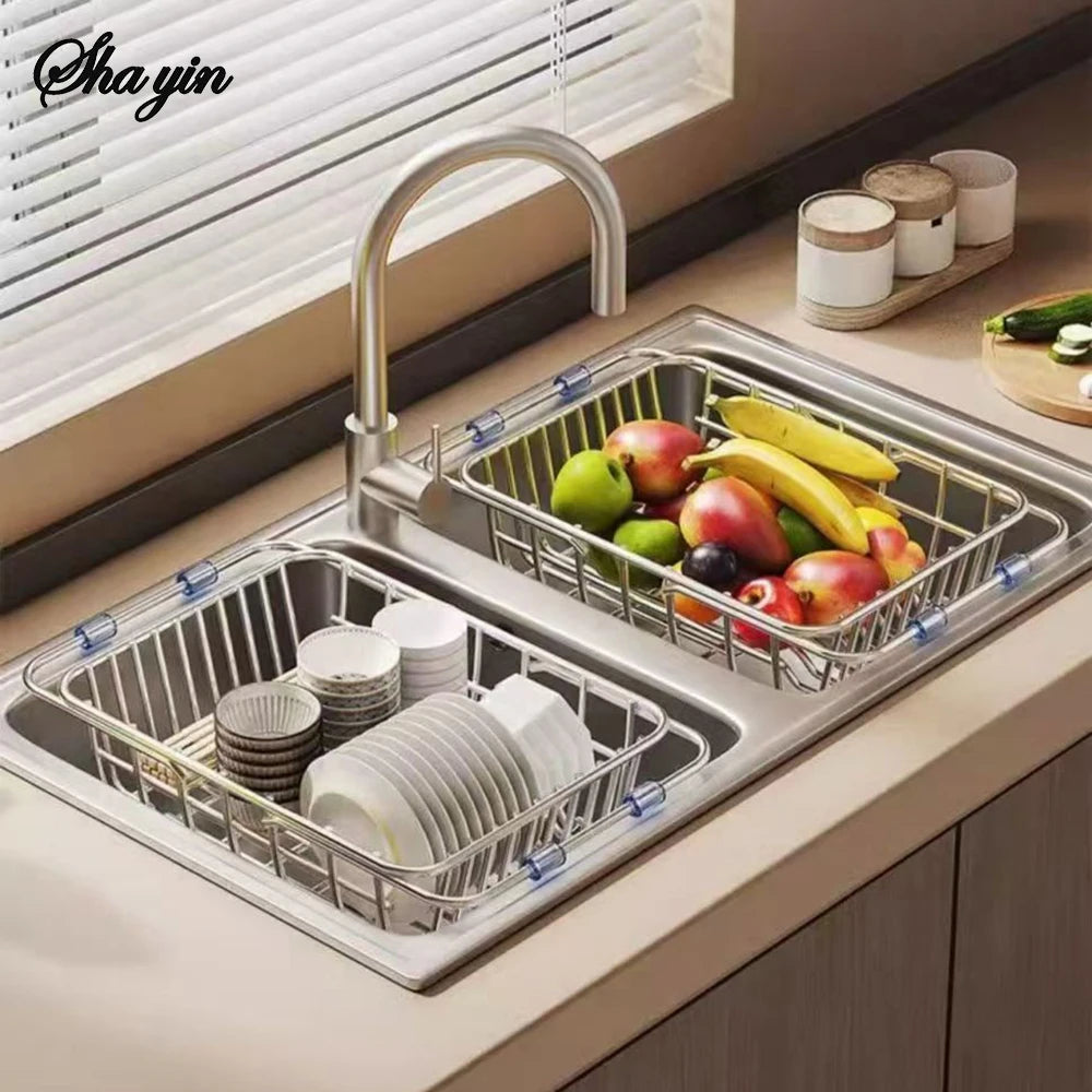Stainless Steel Telescopic Sink Drain Rack Non-Slip Dish Drying Kitchen Bathroom Countertop Organizer Rack for Household Use