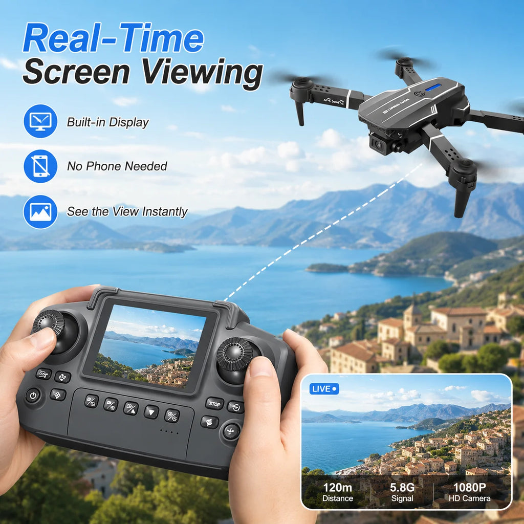 ZNLYRION 2.4Ghz RC Drone with HD Dual Camera Altitude Hold Path Planning Flight 3-Speed Adjustable Foldable Drone Toy