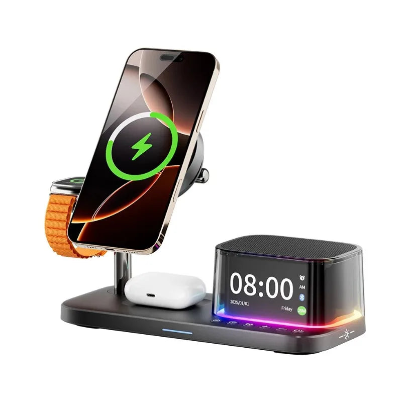 Qi2 25W 5 in 1 Magnetic Wireless Charger Stand with Speaker 25W Fast Charging for Iphone 17 16 15 Pro Max, Airpods,iwatch