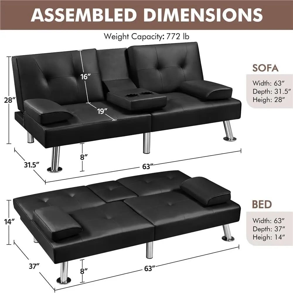 Adjustable Leather Sleeper Sofa with Reversible Loveseat, Cup Holders, 3-Position Recline, 772lb Capacity, Black - Velvet Haven