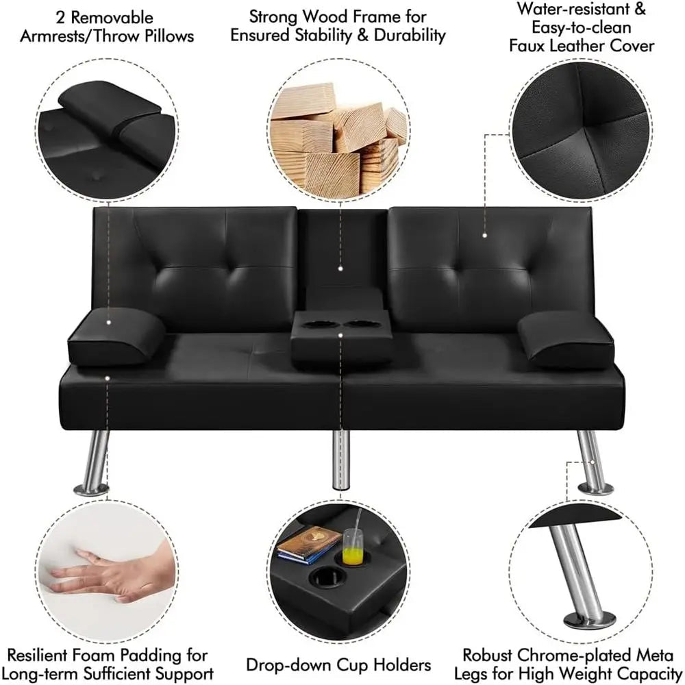 Adjustable Leather Sleeper Sofa with Reversible Loveseat, Cup Holders, 3-Position Recline, 772lb Capacity, Black - Velvet Haven